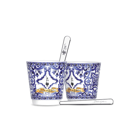 Set 2 porcelain cups and 2 silver stirrers Blu Mediterraneo
