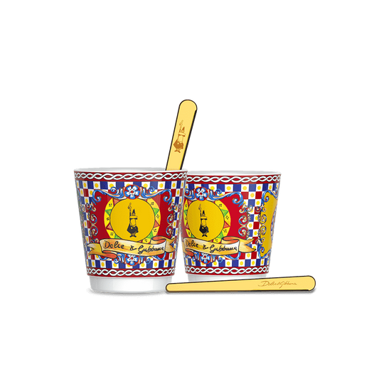 Set 2 porcelain cups and 2 golden stirrers Bialetti Sicilian Cart